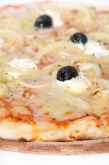 Close view pizza with onion rings black olives ham