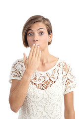 Woman in trouble gesturing oops with a hand on mouth