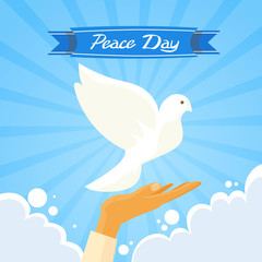 Dove Peace Day Hand Open Palm Over Clouds Blue Sky Flat