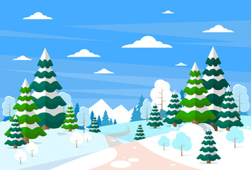 Winter Forest Landscape Christmas Background, Pine Snow Trees