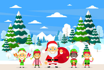 Obraz na płótnie Canvas Santa Clause Christmas Elf Cartoon Character Winter Forest