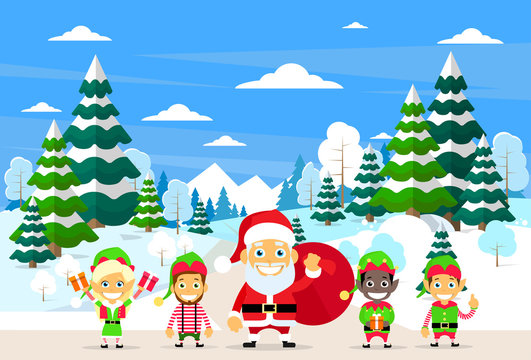 Santa Clause Christmas Elf Cartoon Character Winter Forest