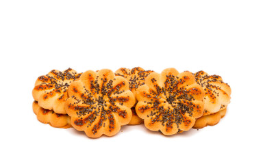 Round sugar cookies with poppy seeds on a white background.