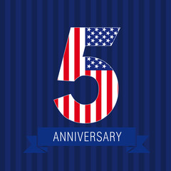 Anniversary 5 US flag logo. The template icon of 5th anniversary with American flag. 