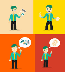 Set of cute cartoon young businessmen. Idea concept and finance