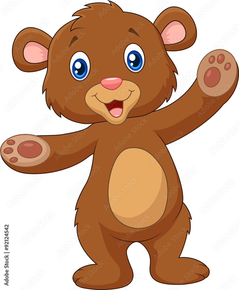 Wall mural cartoon happy baby brown bear waving hand