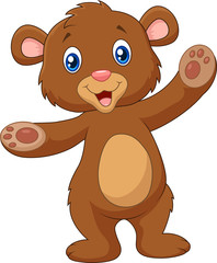 Obraz premium Cartoon happy baby brown bear waving hand