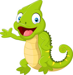 Cartoon green chameleon waving hand isolated on white background