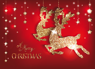 Greeting card with gold shiny deers and christmas decorations