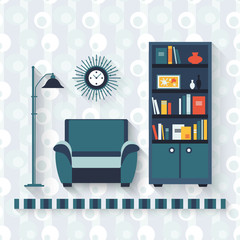 Book shelf and arm-chair. Flat style vector illustration.