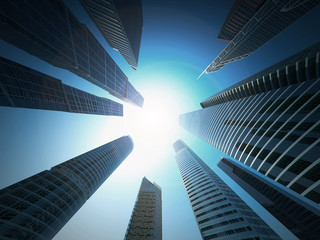 Obraz na płótnie Canvas Bottom view of modern skyscrapers in business district