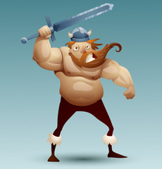 Vector Viking warrior with sword. Image of a redheaded Viking warrior with a mustache and beard in red pants and a horned helmet with sword on a blue background.