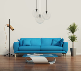 Blue contemporary modern sofa with a table