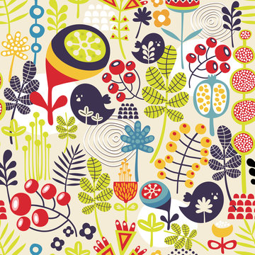 Pattern with cute birds and pretty flowers.