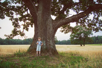kid stands near a tree
