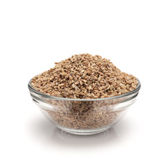 Front view of Organic Ajwain (Trachyspermum ammi) in glass bowl isolated on white background.