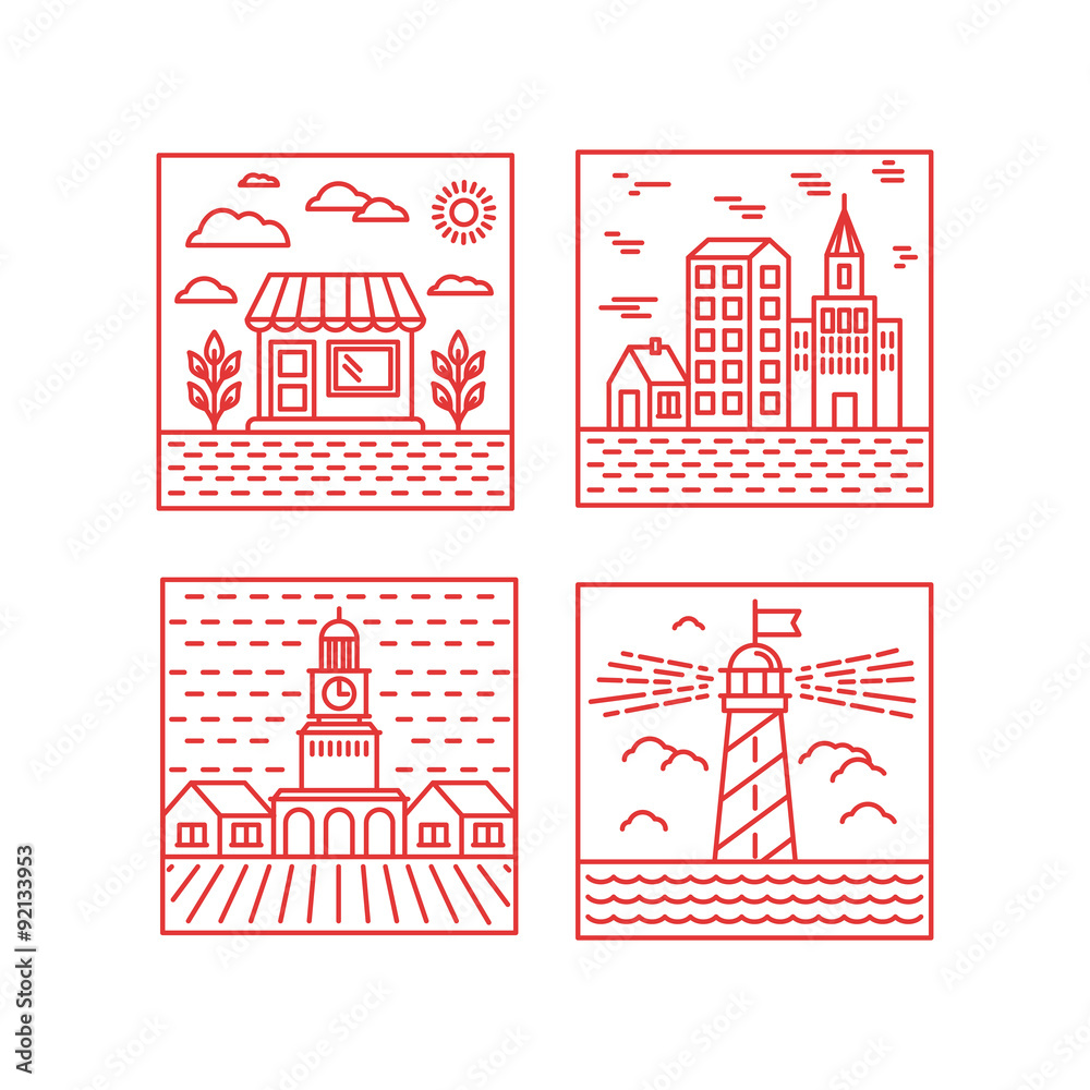 Poster vector set of city illustrations in trendy linear style