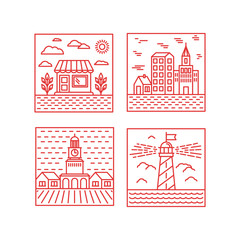 Fototapeta premium Vector set of city illustrations in trendy linear style