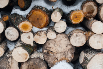 the closeup of  stack of the snowy  firewood