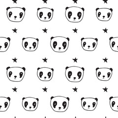 Seamless pattern with pandas and stars. Wrapping paper, cloth. Sketch, doodles, design elements. Hand drawing. Black and white. Vector.