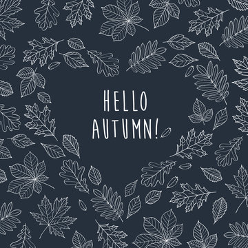 Hello autumn! The heart of the autumn leaves. Background with hand drawn autumn leaves. Autumn leaves are drawn with chalk on the black chalkboard. Sketch, design elements. Vector illustration.