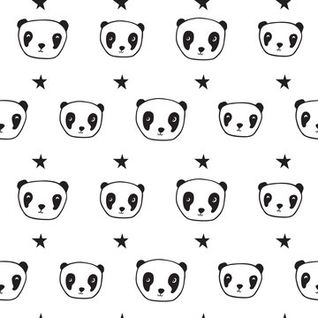 Seamless pattern with pandas and stars. Wrapping paper, cloth. Sketch, doodles, design elements. Hand drawing. Black and white. Vector.