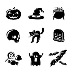 Set of monochrome HALLOWEEN icons -pumpkin, witch hat, cauldron