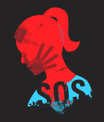 Young Woman head grunge silhouette with hand print on the face and sign SOS. Illustration on the black background.. Vector available.