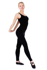 Fototapeta premium Beautiful young blonde woman gymnast training stretching exercise, isolated on white background