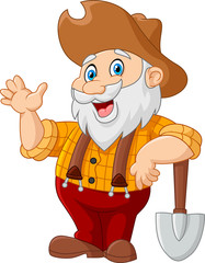 Gold miner waving hand isolated on white background