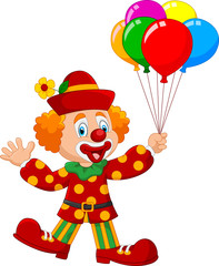 Adorable clown holding colorful balloon isolated on white background