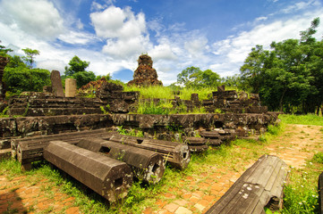 Remains of Hindu tower-temples at My Son Sanctuary, a UNESCO World Heritage site in Vietnam.