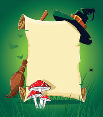 Halloween green banner with empty paper scroll 