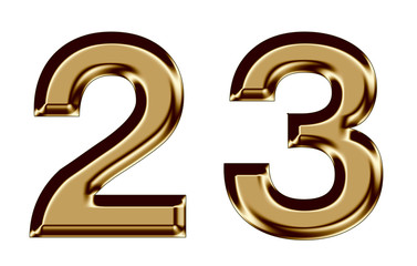 Golden number collection 2,3 on white background