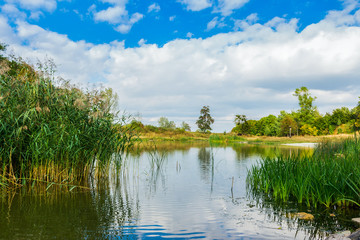 Amazing colorful landscape with lake and park, early fall, Lviv, Ukraine