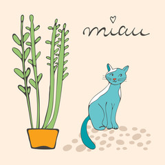 Illustration of plant and a cat playing with ball of wool 