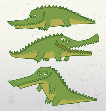Vector funny crocodile set. Image of three funny crocodiles of green color in different poses on a gray background.
