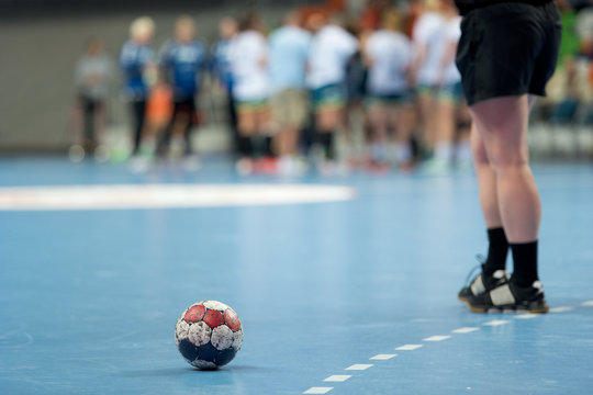 The ball on the court during a break of the handball match