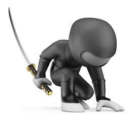 3D white people. Ninja squatting with a katana © Texelart