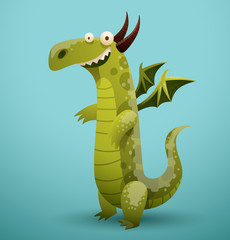 Obraz premium Vector funny dragon light green color. Image of funny cartoon smiling dragon light green color on a blue background.
