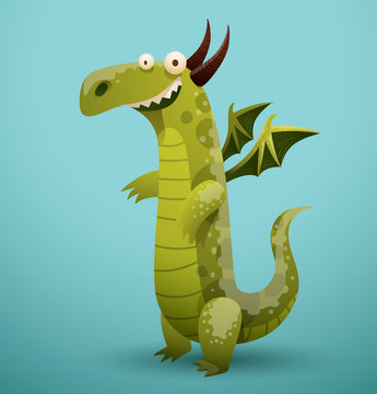 Vector funny dragon light green color. Image of funny cartoon smiling dragon light green color on a blue background.