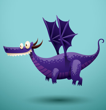 Vector funny dragon purple color. Image of funny cartoon smiling dragon purple color on a blue background.