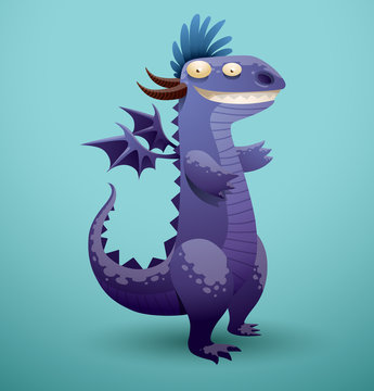 Vector funny dragon violet color. Image of funny cartoon smiling dragon violet color on a blue background.