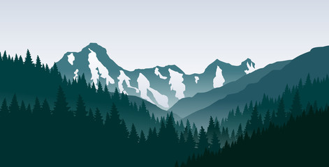 The morning in mountains. Vector illustration.