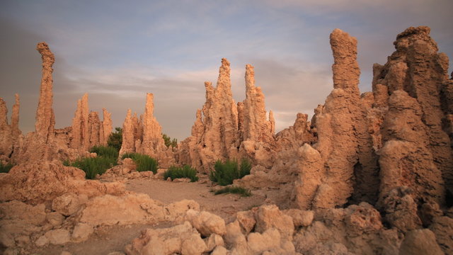 3 axis motion controlled time lapse footage with dolly left/up, tilt up & pan right motion of sunset at towering tufa formations at Mono Lake, California