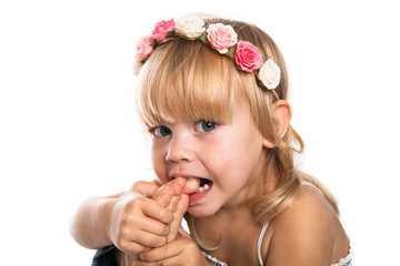 Girl with a wreath  on her head on a white background