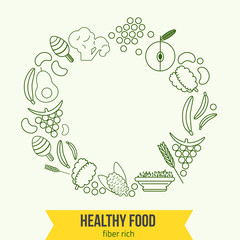 Vector  healthy rich fiber foods line icons wreath. EPS10