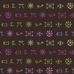 Seamless background with mascots of Scandinavian warriors for your design (ottastafur, odin, end strife, aegishjalmur, lasabrjotur, binding, gapaldur, vegvisir)