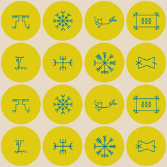 Seamless background with mascots of Scandinavian warriors for your design (ottastafur, odin, end strife, aegishjalmur, lasabrjotur, binding, gapaldur, vegvisir)