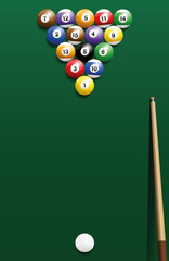 Billiard break shot, start off - commonly used starting position. Three-dimensional isolated vector illustration on green gradient background.